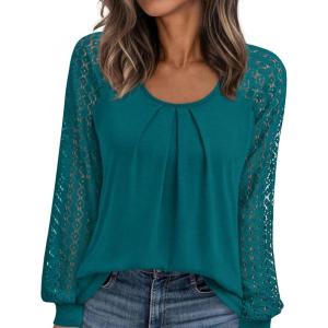 imagePRETTYGARDEN Womens Long Sleeve Shirts Lace Tops 2026 Spring Fashion Outfits Dressy Casual Blouses Work ClothesLake Blue