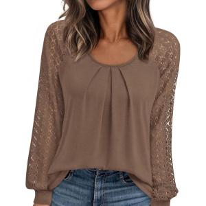 imagePRETTYGARDEN Womens Long Sleeve Shirts Lace Tops 2026 Spring Fashion Outfits Dressy Casual Blouses Work ClothesLight Brown