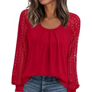 imagePRETTYGARDEN Womens Long Sleeve Shirts Lace Tops 2026 Spring Fashion Outfits Dressy Casual Blouses Work ClothesRed