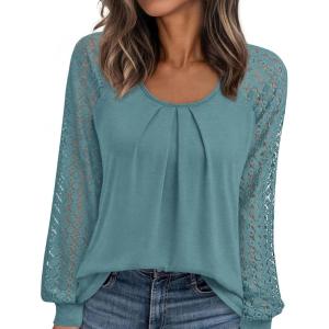 imagePRETTYGARDEN Womens Long Sleeve Shirts Lace Tops 2026 Spring Fashion Outfits Dressy Casual Blouses Work ClothesTeal