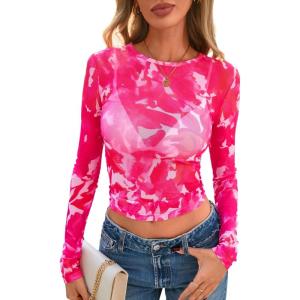 imagePRETTYGARDEN Womens Mesh Long Sleeve Spring Top 2026 Trendy Summer See Through Sheer Blouse Fitted Going Out Layering ShirtsFloral Rose Red