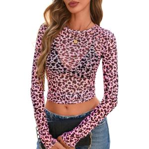 imagePRETTYGARDEN Womens Mesh Long Sleeve Spring Top 2026 Trendy Summer See Through Sheer Blouse Fitted Going Out Layering ShirtsLeopard Pink