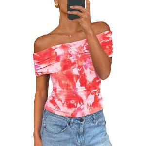 imagePRETTYGARDEN Womens Off The Shoulder Short Sleeve Ruched Slim Fit BlouseFloral Light Orange
