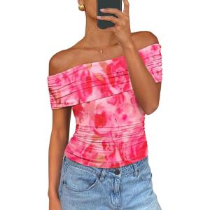 imagePRETTYGARDEN Womens Off The Shoulder Short Sleeve Ruched Slim Fit BlouseFloral Pink