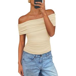 imagePRETTYGARDEN Womens Off The Shoulder Short Sleeve Ruched Slim Fit BlouseLight Apricot