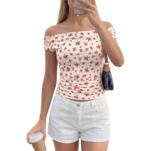 imagePRETTYGARDEN Womens Off The Shoulder Tops 2026 Summer Y2K Clothes Going Out Shirts Ruched Tank Top Date Night OutfitsFloral Beige Pink