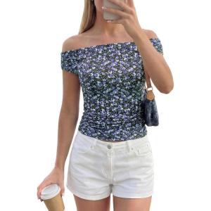 imagePRETTYGARDEN Womens Off The Shoulder Tops 2026 Summer Y2K Clothes Going Out Shirts Ruched Tank Top Date Night OutfitsFloral Black Purple