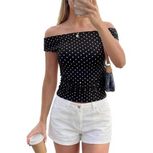 imagePRETTYGARDEN Womens Off The Shoulder Tops 2026 Summer Y2K Clothes Going Out Shirts Ruched Tank Top Date Night OutfitsPolka Dot Black White