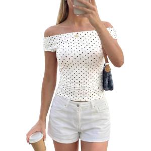 imagePRETTYGARDEN Womens Off The Shoulder Tops 2026 Summer Y2K Clothes Going Out Shirts Ruched Tank Top Date Night OutfitsPolka Dot White Black