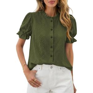 imagePRETTYGARDEN Womens Puff Short Sleeve Tops 2026 Summer Spring Button Down Boho Embroidered Cute Blouse Dressy Casual ShirtsArmy Green