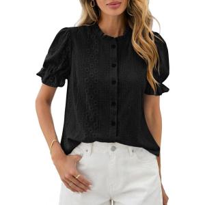 imagePRETTYGARDEN Womens Puff Short Sleeve Tops 2026 Summer Spring Button Down Boho Embroidered Cute Blouse Dressy Casual ShirtsBlack