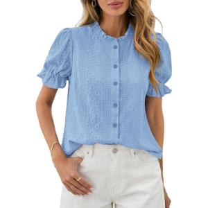 imagePRETTYGARDEN Womens Puff Short Sleeve Tops 2026 Summer Spring Button Down Boho Embroidered Cute Blouse Dressy Casual ShirtsLight Blue