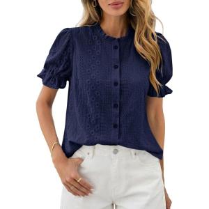 imagePRETTYGARDEN Womens Puff Short Sleeve Tops 2026 Summer Spring Button Down Boho Embroidered Cute Blouse Dressy Casual ShirtsNavy