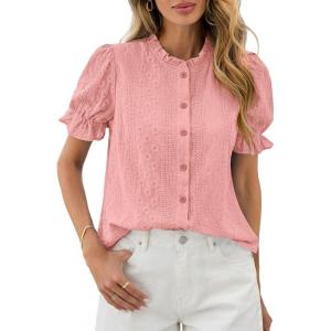 imagePRETTYGARDEN Womens Puff Short Sleeve Tops 2026 Summer Spring Button Down Boho Embroidered Cute Blouse Dressy Casual ShirtsPink