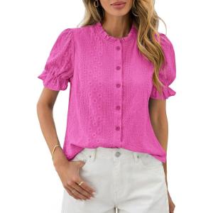 imagePRETTYGARDEN Womens Puff Short Sleeve Tops 2026 Summer Spring Button Down Boho Embroidered Cute Blouse Dressy Casual ShirtsRose Red