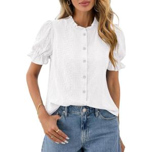 imagePRETTYGARDEN Womens Puff Short Sleeve Tops 2026 Summer Spring Button Down Boho Embroidered Cute Blouse Dressy Casual ShirtsWhite