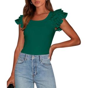 imagePRETTYGARDEN Womens Ruffle Short Sleeve Shirts 2026 Summer Casual Basic Tee Cute Fitted Crew Neck Fashion Tops ClothesDark Green