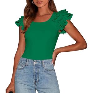 imagePRETTYGARDEN Womens Ruffle Short Sleeve Shirts 2026 Summer Casual Basic Tee Cute Fitted Crew Neck Fashion Tops ClothesGreen