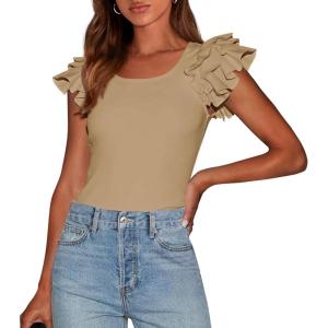 imagePRETTYGARDEN Womens Ruffle Short Sleeve Shirts 2026 Summer Casual Basic Tee Cute Fitted Crew Neck Fashion Tops ClothesKhaki