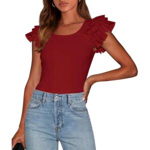 imagePRETTYGARDEN Womens Ruffle Short Sleeve Shirts 2026 Summer Casual Basic Tee Cute Fitted Crew Neck Fashion Tops ClothesRust Red