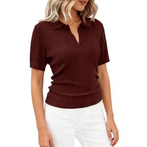 imagePRETTYGARDEN Womens Short Sleeve Sweater 2026 Spring Polo Shirts Ribbed Knit V Neck Business Casual Tops Summer Work ClothesDark Burgundy