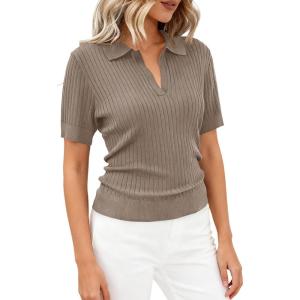 imagePRETTYGARDEN Womens Short Sleeve Sweater 2026 Spring Polo Shirts Ribbed Knit V Neck Business Casual Tops Summer Work ClothesDark Khaki