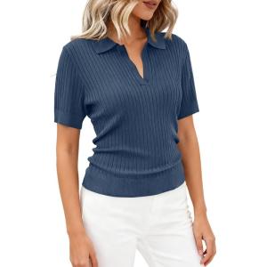 imagePRETTYGARDEN Womens Short Sleeve Sweater 2026 Spring Polo Shirts Ribbed Knit V Neck Business Casual Tops Summer Work ClothesDusty Blue