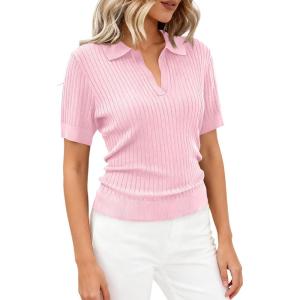 imagePRETTYGARDEN Womens Short Sleeve Sweater 2026 Spring Polo Shirts Ribbed Knit V Neck Business Casual Tops Summer Work ClothesPink
