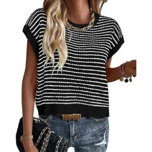 imagePRETTYGARDEN Womens Short Sleeve Sweater Spring Summer 2026 Round Neck Striped Pullover Cap Sleeve Knit Sweater Vest TopsBlack