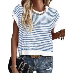 imagePRETTYGARDEN Womens Short Sleeve Sweater Spring Summer 2026 Round Neck Striped Pullover Cap Sleeve Knit Sweater Vest TopsBlue