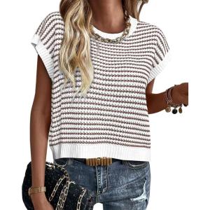 imagePRETTYGARDEN Womens Short Sleeve Sweater Spring Summer 2026 Round Neck Striped Pullover Cap Sleeve Knit Sweater Vest TopsBrown