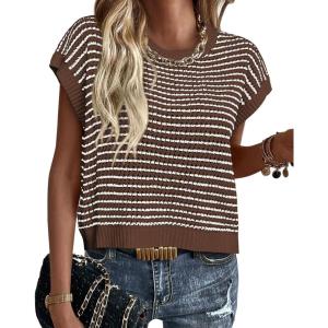 imagePRETTYGARDEN Womens Short Sleeve Sweater Spring Summer 2026 Round Neck Striped Pullover Cap Sleeve Knit Sweater Vest TopsDark Brown
