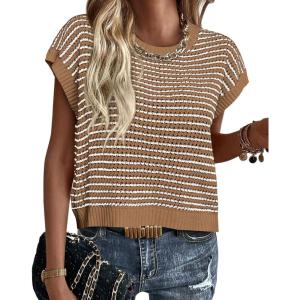 imagePRETTYGARDEN Womens Short Sleeve Sweater Spring Summer 2026 Round Neck Striped Pullover Cap Sleeve Knit Sweater Vest TopsDark Khaki