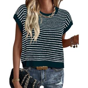 imagePRETTYGARDEN Womens Short Sleeve Sweater Spring Summer 2026 Round Neck Striped Pullover Cap Sleeve Knit Sweater Vest TopsMalachite Green