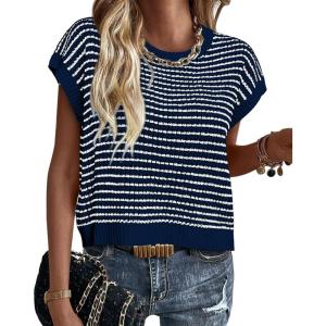 imagePRETTYGARDEN Womens Short Sleeve Sweater Spring Summer 2026 Round Neck Striped Pullover Cap Sleeve Knit Sweater Vest TopsNavy
