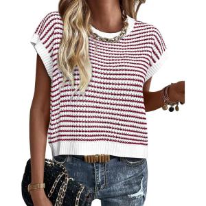 imagePRETTYGARDEN Womens Short Sleeve Sweater Spring Summer 2026 Round Neck Striped Pullover Cap Sleeve Knit Sweater Vest TopsRed