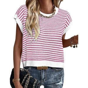 imagePRETTYGARDEN Womens Short Sleeve Sweater Spring Summer 2026 Round Neck Striped Pullover Cap Sleeve Knit Sweater Vest TopsRose Red
