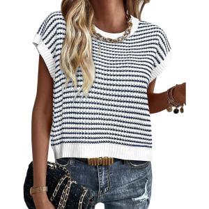 imagePRETTYGARDEN Womens Short Sleeve Sweater Spring Summer 2026 Round Neck Striped Pullover Cap Sleeve Knit Sweater Vest TopsStriped White Navy