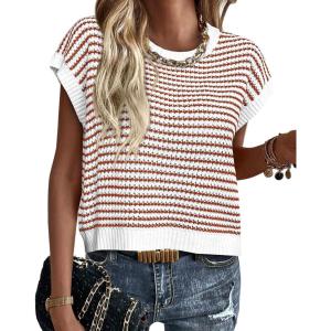 imagePRETTYGARDEN Womens Short Sleeve Sweater Spring Summer 2026 Round Neck Striped Pullover Cap Sleeve Knit Sweater Vest TopsStriped White Red