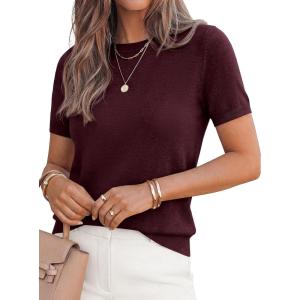 imagePRETTYGARDEN Womens Short Sleeve Sweaters 2026 Spring Crew Neck Knit Work Shirts Business Casual Tops Summer Fashion ClothesDark Burgundy