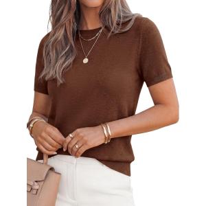 imagePRETTYGARDEN Womens Short Sleeve Sweaters 2026 Spring Crew Neck Knit Work Shirts Business Casual Tops Summer Fashion ClothesLight Brown