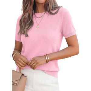 imagePRETTYGARDEN Womens Short Sleeve Sweaters 2026 Spring Crew Neck Knit Work Shirts Business Casual Tops Summer Fashion ClothesPink