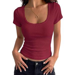 imagePRETTYGARDEN Womens Short Sleeve Tops 2026 Summer Lace Trim Square Neck Slim Fitted Going Out Basic Tee Shirts Y2K ClothesBurgundy