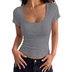 imagePRETTYGARDEN Womens Short Sleeve Tops 2026 Summer Lace Trim Square Neck Slim Fitted Going Out Basic Tee Shirts Y2K ClothesGrey