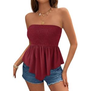 imagePRETTYGARDEN Womens Strapless Smocked Tube Tops Summer 2026 Trendy Flowy Peplum Bandeau Shirts Going Out Date Spring ClothesBurgundy