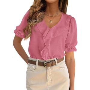imagePRETTYGARDEN Womens Summer Dressy Casual Blouses 2026 Short Sleeve V Neck Ruffle Business Work Tops Trendy Spring OutfitsDark Pink