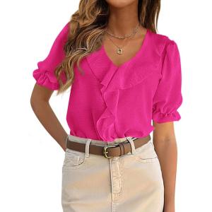 imagePRETTYGARDEN Womens Summer Dressy Casual Blouses 2026 Short Sleeve V Neck Ruffle Business Work Tops Trendy Spring OutfitsRose Red
