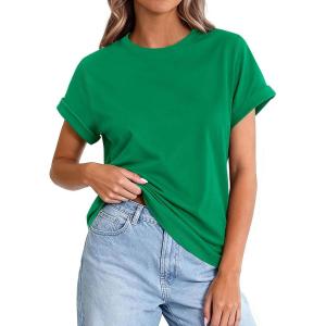imagePRETTYGARDEN Womens Summer Tops 2026 Spring Casual Rolled Short Sleeve Basic Tees Crew Neck Work Shirts Fashion ClothingGreen