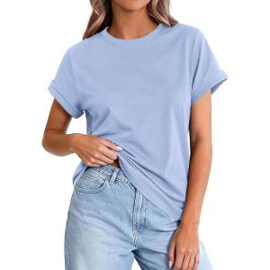 imagePRETTYGARDEN Womens Summer Tops 2026 Spring Casual Rolled Short Sleeve Basic Tees Crew Neck Work Shirts Fashion ClothingLight Blue