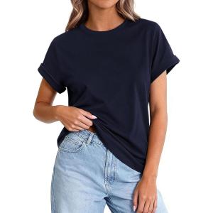 imagePRETTYGARDEN Womens Summer Tops 2026 Spring Casual Rolled Short Sleeve Basic Tees Crew Neck Work Shirts Fashion ClothingNavy Blue